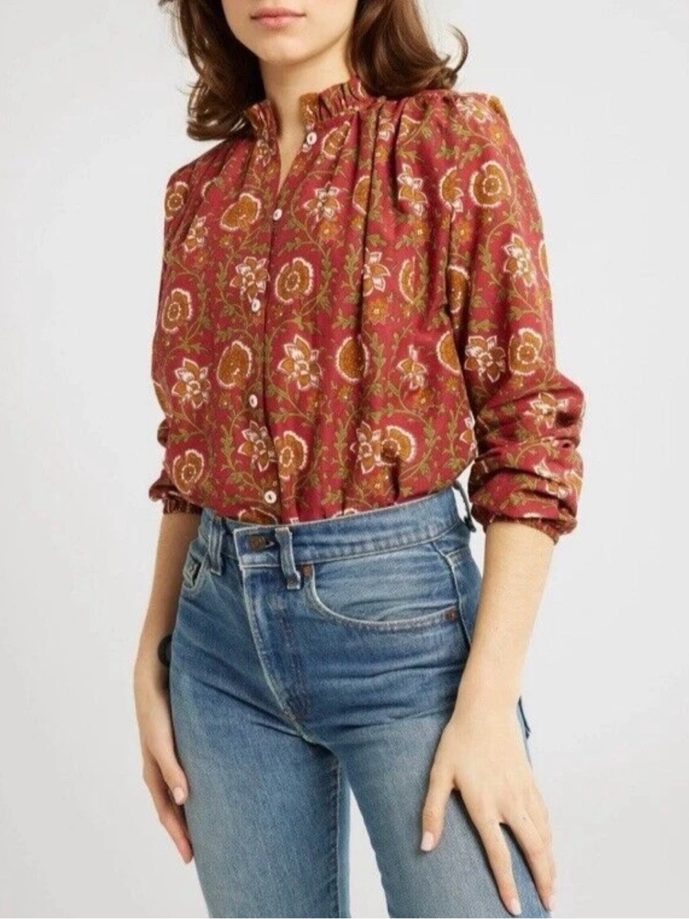 Mille Resort Francesca High Neck Button Up Blouse Women's Small Floral Cinnabar